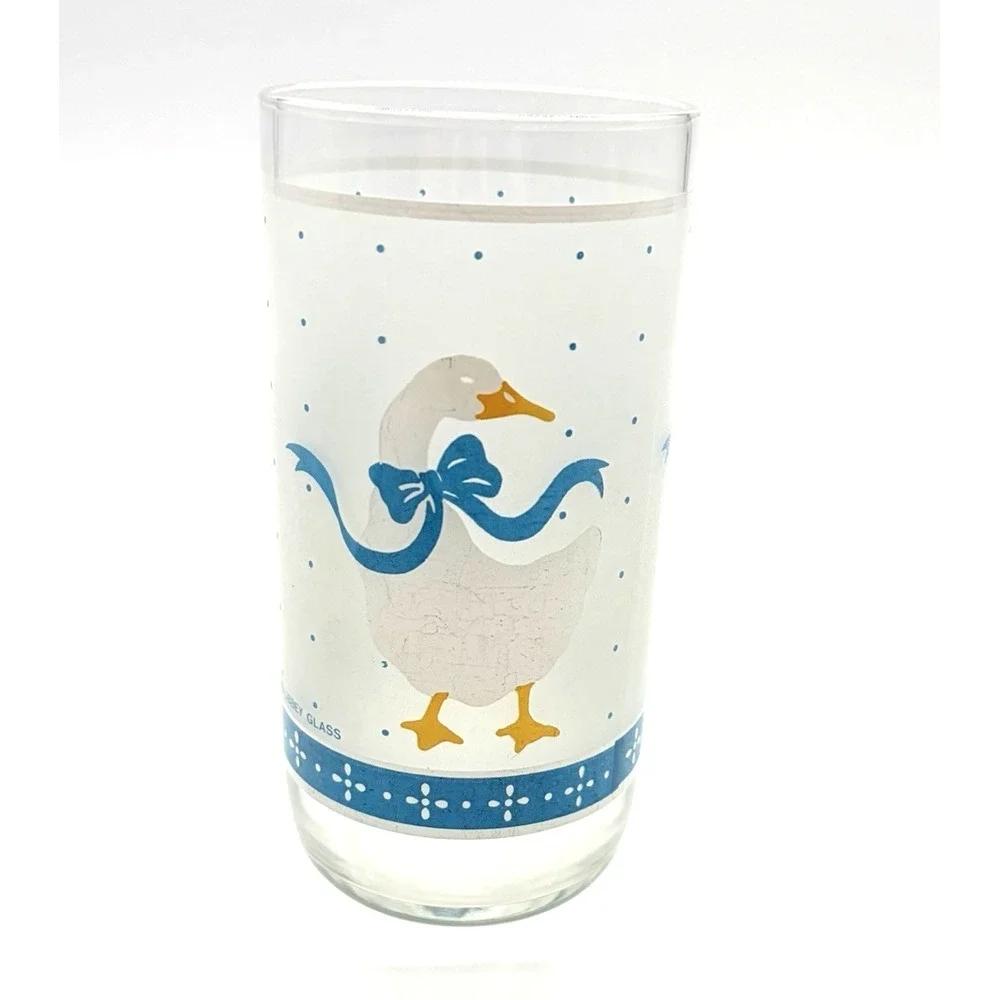 Libbey Frosted Drinking Glass Goose Duck Blue Ribbons Cottagecore Whimsy Vintage